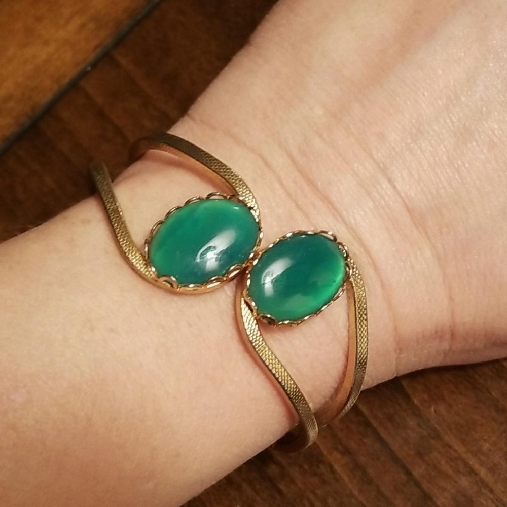 70's Goldtone and Jade clamper statement bracelet